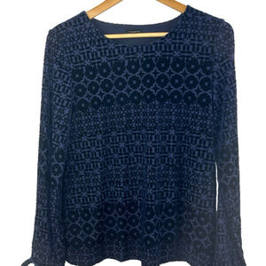 Talbot Navy Blue Burnout Velvet Blouse Size S Long Sleeve Damask